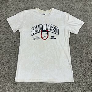 Ted Lasso Shirt Mens Medium Beige White Believe Team Lasso Short Sleeve Casual